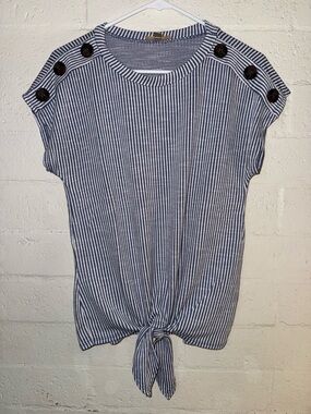 Lavish Blue and White Striped Tie-Front and Buttons on Shoulder.